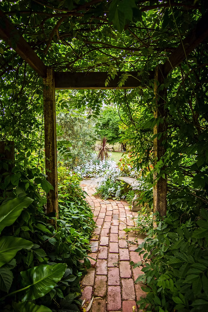 Jardin secret verdoyant avec allée de briques menant vers un espace calme, symbole d’un refuge intérieur pour se ressourcer et réduire le stress.