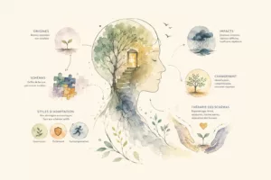 Illustration poétique représentant la thérapie des schémas de Jeffrey Young : une silhouette humaine renfermant un arbre et une maison intérieure, entourée des schémas précoces, des styles d'adaptation et du processus de changement vers un mieux-être.