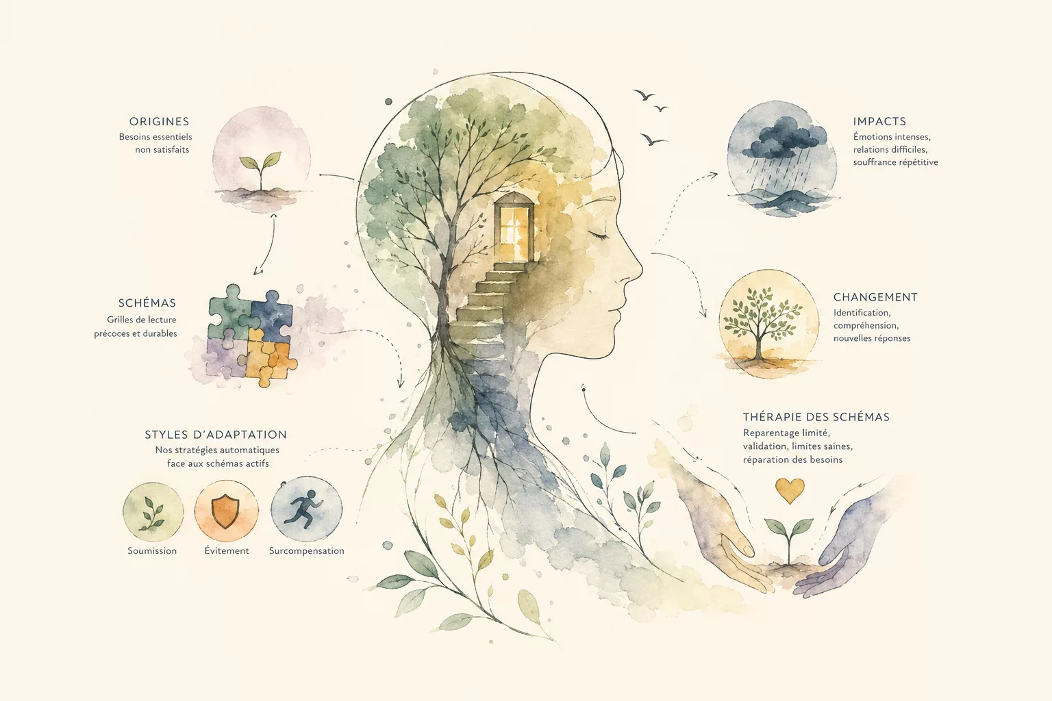 Illustration poétique représentant la thérapie des schémas de Jeffrey Young : une silhouette humaine renfermant un arbre et une maison intérieure, entourée des schémas précoces, des styles d'adaptation et du processus de changement vers un mieux-être.