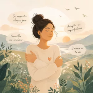 Femme se prenant dans ses bras dans un paysage naturel, symbole de l’acceptation inconditionnelle de soi et de la bienveillance envers soi-même