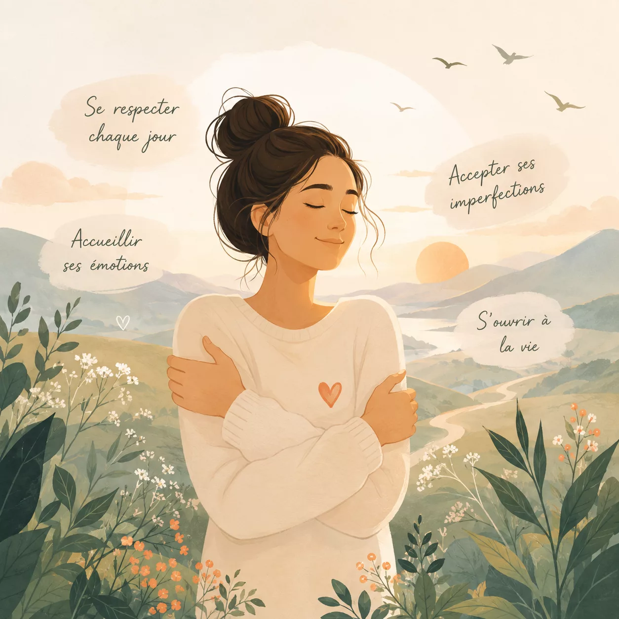 Femme se prenant dans ses bras dans un paysage naturel, symbole de l’acceptation inconditionnelle de soi et de la bienveillance envers soi-même