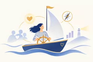 Illustration d’un bateau symbolisant l’empathie, avec une personne à la barre, une boussole et un phare pour représenter l’équilibre entre comprendre l’autre et préserver ses limites.