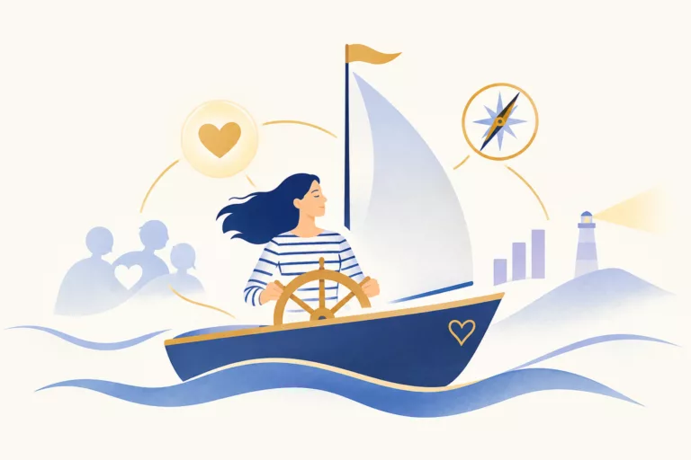 Illustration d’un bateau symbolisant l’empathie, avec une personne à la barre, une boussole et un phare pour représenter l’équilibre entre comprendre l’autre et préserver ses limites.