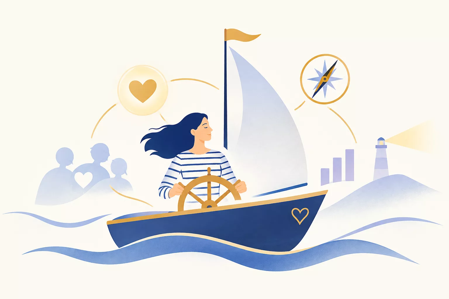 Illustration d’un bateau symbolisant l’empathie, avec une personne à la barre, une boussole et un phare pour représenter l’équilibre entre comprendre l’autre et préserver ses limites.