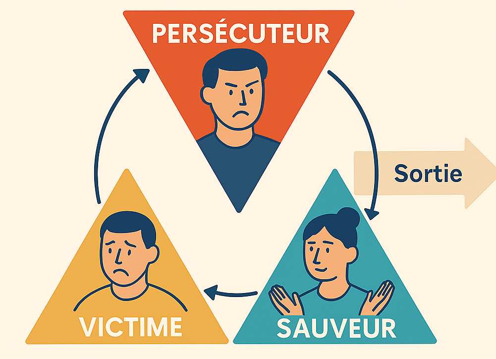 Schéma du triangle de Karpman : Persécuteur, Sauveur, Victime reliés en boucle, avec sortie par l’Adulte.