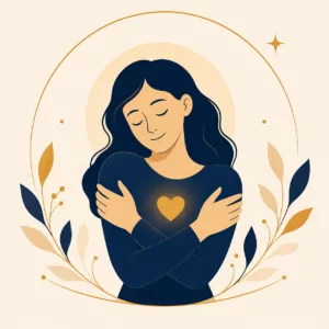 Illustration vectorielle d’une personne se prenant dans ses bras, symbolisant l’auto-compassion, la bienveillance envers soi et l’acceptation de soi.