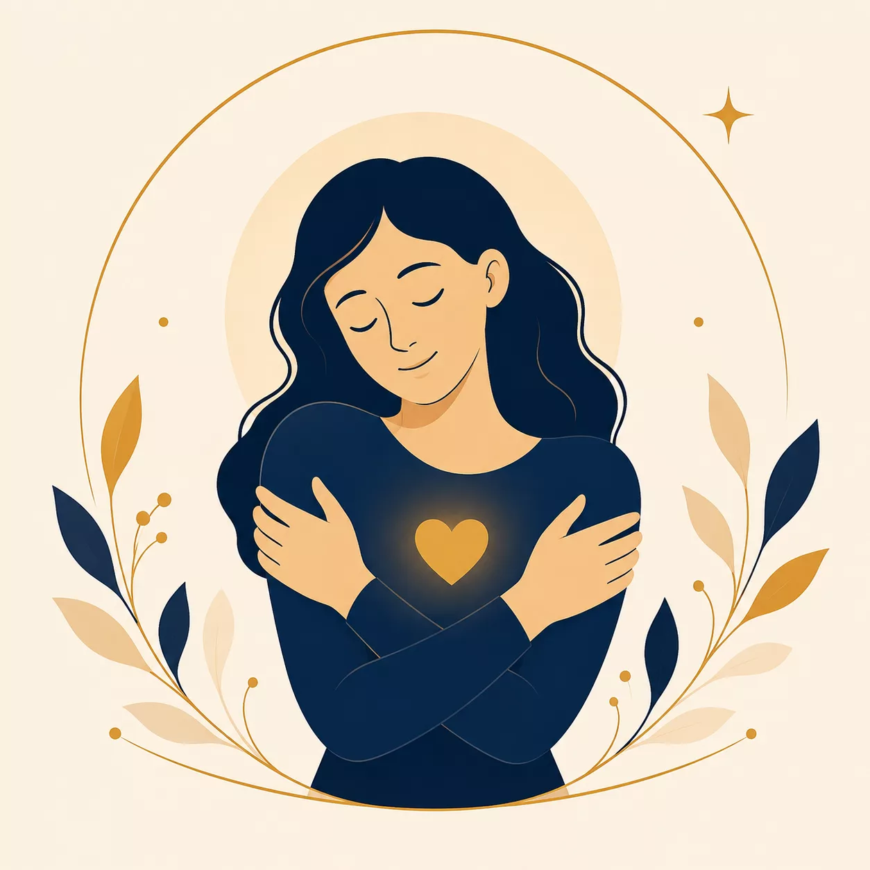 Illustration vectorielle d’une personne se prenant dans ses bras, symbolisant l’auto-compassion, la bienveillance envers soi et l’acceptation de soi.