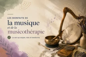 Les bienfaits de la musique et de la musicothérapie : illustration avec harpe, bol chantant, tambour et kalimba évoquant les effets du son sur le cerveau et le bien-être.