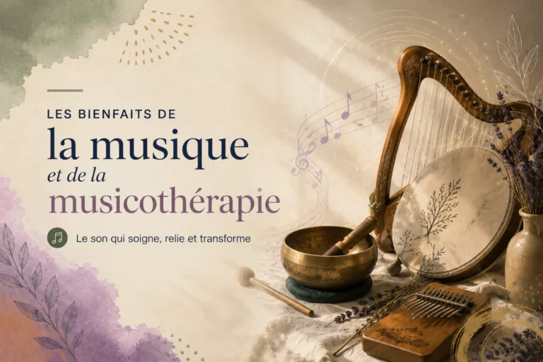 Les bienfaits de la musique et de la musicothérapie : illustration avec harpe, bol chantant, tambour et kalimba évoquant les effets du son sur le cerveau et le bien-être.