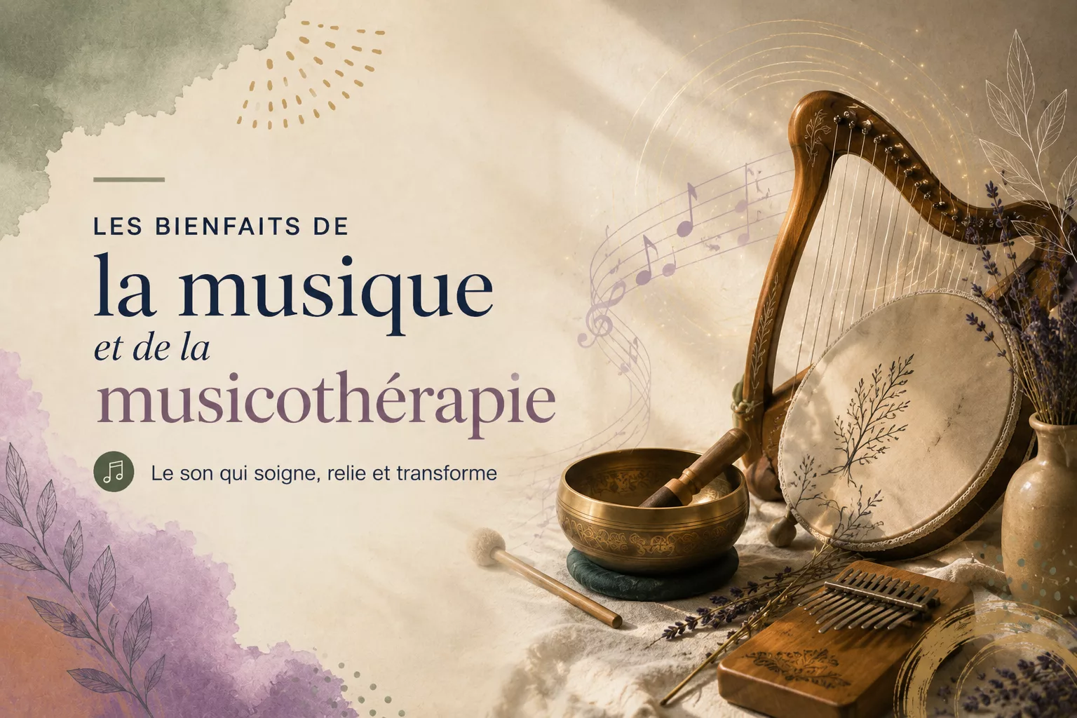 Les bienfaits de la musique et de la musicothérapie : illustration avec harpe, bol chantant, tambour et kalimba évoquant les effets du son sur le cerveau et le bien-être.