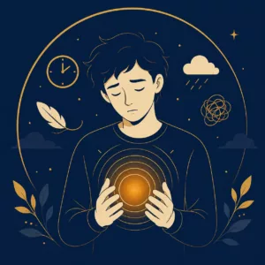 Illustration vectorielle représentant une personne tenant une sphère lumineuse entourée d'ondes concentriques, symbolisant le stress perçu et la pression psychologique.