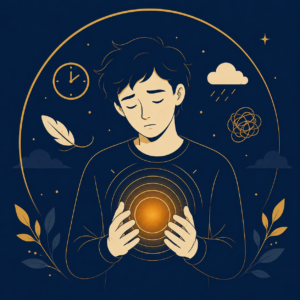 Illustration vectorielle représentant une personne tenant une sphère lumineuse entourée d'ondes concentriques, symbolisant le stress perçu et la pression psychologique.