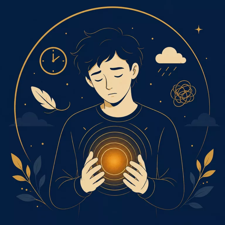 Illustration vectorielle représentant une personne tenant une sphère lumineuse entourée d'ondes concentriques, symbolisant le stress perçu et la pression psychologique.