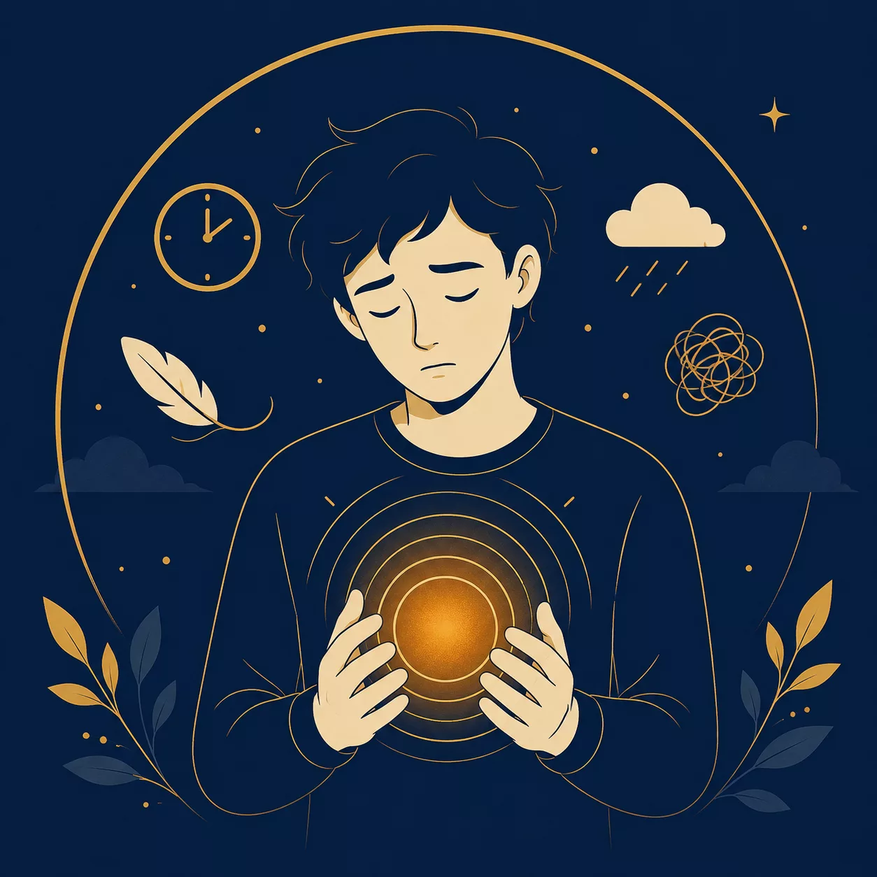 Illustration vectorielle représentant une personne tenant une sphère lumineuse entourée d'ondes concentriques, symbolisant le stress perçu et la pression psychologique.
