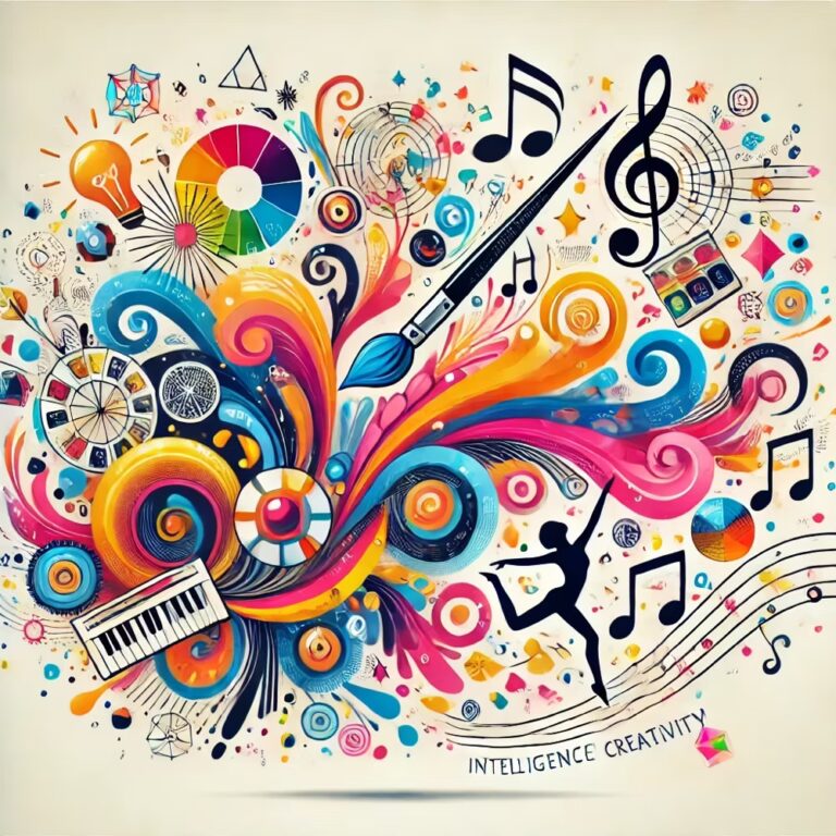 créativité thérapeutique - Intelligence créative explosion couleurs pinceau notes musique danseur silhouette art-thérapie