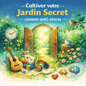 Illustration art-thérapie multimodale représentant un jardin symbolique avec jeux, musique et objets créatifs pour la gestion du stress