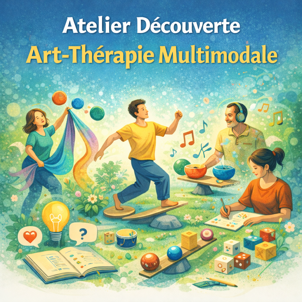 Illustration d’un atelier découverte d’art-thérapie multimodale intégrant mouvement, son, jeu, graphisme et perceptions sensorielles dans un cadre thérapeutique.