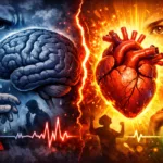 Dualité entre anxiété et excitation : illustration d’un cerveau et d’un cœur battant symbolisant la réévaluation émotionnelle avant une prise de parole ou une performance