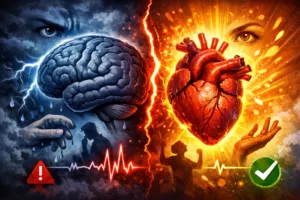 Dualité entre anxiété et excitation : illustration d’un cerveau et d’un cœur battant symbolisant la réévaluation émotionnelle avant une prise de parole ou une performance