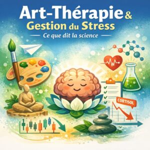 Illustration art-thérapie et gestion du stress montrant le lien entre création artistique, apaisement du corps, régulation émotionnelle et données scientifiques.