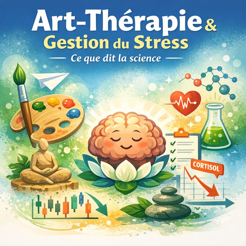 Illustration art-thérapie et gestion du stress montrant le lien entre création artistique, apaisement du corps, régulation émotionnelle et données scientifiques.