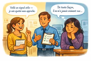 Réactions opposées à une critique du manager illustrant le locus de contrôle interne et externe en psychologie