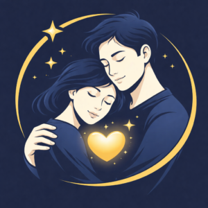 Illustration vectorielle représentant deux personnes enlacées avec un cœur lumineux, symbolisant le lien d’attachement et la sécurité affective selon la théorie de Bowlby