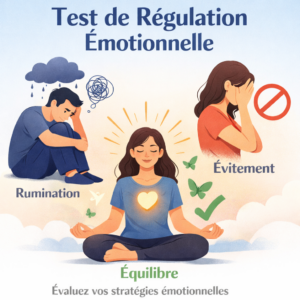 Illustration du test de régulation émotionnelle montrant trois personnages : rumination, évitement et équilibre émotionnel.