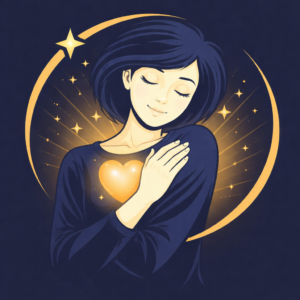 Illustration vectorielle représentant une personne se tenant avec douceur et bienveillance, symbolisant l’auto-compassion selon le modèle de Kristin Neff