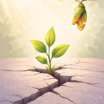 Illustration vectorielle d’une plante poussant à travers une fissure dans le béton et d’une chrysalide en transformation, symbolisant les bienfaits de la dépression et le processus de renaissance intérieure.