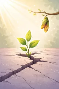 Illustration vectorielle d’une plante poussant à travers une fissure dans le béton et d’une chrysalide en transformation, symbolisant les bienfaits de la dépression et le processus de renaissance intérieure.