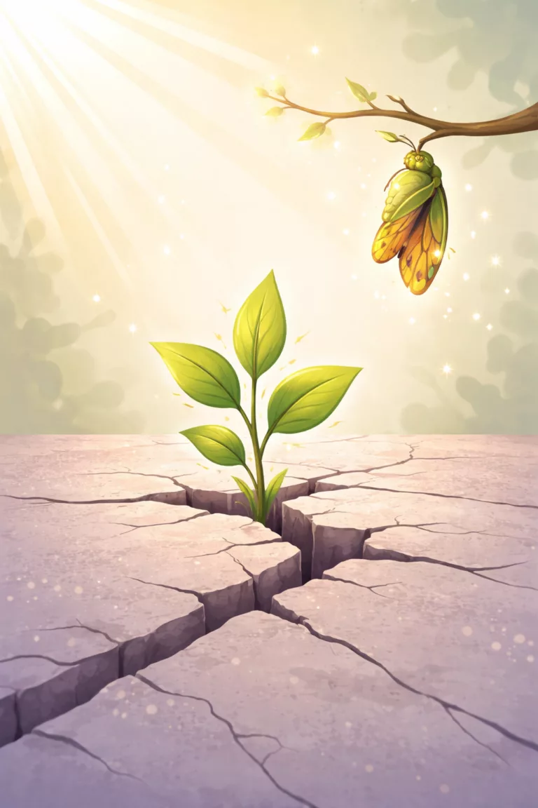 Illustration vectorielle d’une plante poussant à travers une fissure dans le béton et d’une chrysalide en transformation, symbolisant les bienfaits de la dépression et le processus de renaissance intérieure.