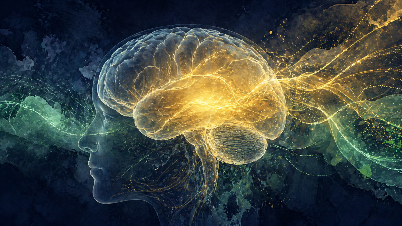 Illustration abstraite d’un cerveau humain avec ondes lumineuses symbolisant l’anticipation et les processus neuronaux