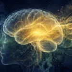 Illustration abstraite d’un cerveau humain avec ondes lumineuses symbolisant l’anticipation et les processus neuronaux