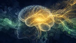 Illustration abstraite d’un cerveau humain avec ondes lumineuses symbolisant l’anticipation et les processus neuronaux