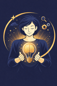 Illustration vectorielle représentant une personne tenant une ampoule avec un cerveau lumineux, symbolisant la prise de conscience des pensées et les distorsions cognitives selon les thérapies cognitives de Beck et Burns