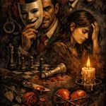 Illustration symbolique de la perversion psychologique : homme masqué manipulateur et femme sous emprise émotionnelle