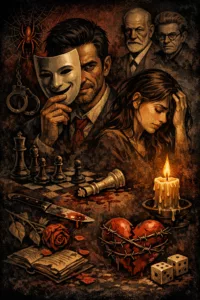 Illustration symbolique de la perversion psychologique : homme masqué manipulateur et femme sous emprise émotionnelle