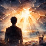 Silhouette face à un horizon fragmenté avec des rayons de lumière, symbolisant la reconstruction après un stress post-traumatique grâce à l’art-thérapie