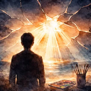 Silhouette face à un horizon fragmenté avec des rayons de lumière, symbolisant la reconstruction après un stress post-traumatique grâce à l’art-thérapie