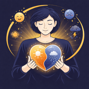 Illustration vectorielle représentant une personne tenant un cœur équilibré entre émotions positives et négatives, symbolisant la régulation émotionnelle
