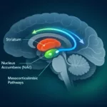 Schéma sagittal du cerveau mettant en évidence le striatum, le nucleus accumbens et les voies mésocorticolimbiques
