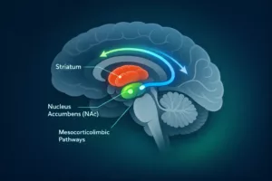 Schéma sagittal du cerveau mettant en évidence le striatum, le nucleus accumbens et les voies mésocorticolimbiques
