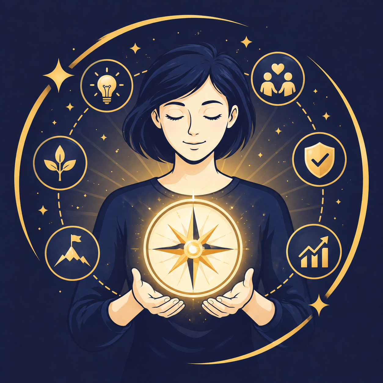 Illustration vectorielle représentant les canaux sensoriels VAKOG avec une boussole lumineuse et des symboles sensoriels, illustrant les modes de perception visuel, auditif, kinesthésique, olfactif et gustatif