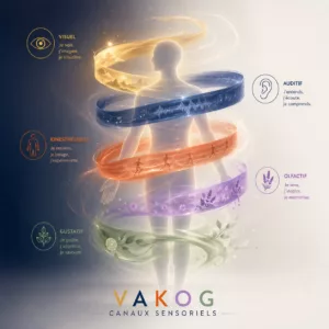 Illustration des 5 canaux sensoriels VAKOG représentés par des rubans lumineux autour d’une silhouette humaine (visuel, auditif, kinesthésique, olfactif, gustatif)