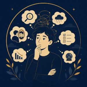 Illustration vectorielle représentant une personne en réflexion entourée de pensées et de schémas mentaux, illustrant les biais cognitifs en psychologie