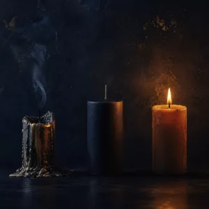 Trois bougies illustrant le burn-out, le bore-out et le brown-out sur fond sombre texturé