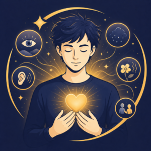 Illustration vectorielle représentant un homme apaisé entouré de stimuli lumineux et émotionnels, symbolisant l’hypersensibilité et la perception sensorielle accrue