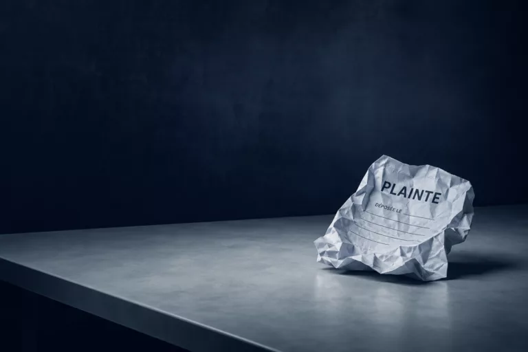Feuille de plainte froissée posée sur un bureau vide dans une ambiance froide bleu nuit et gris clair, symbolisant le déni institutionnel et l'absence de réponse aux victimes.