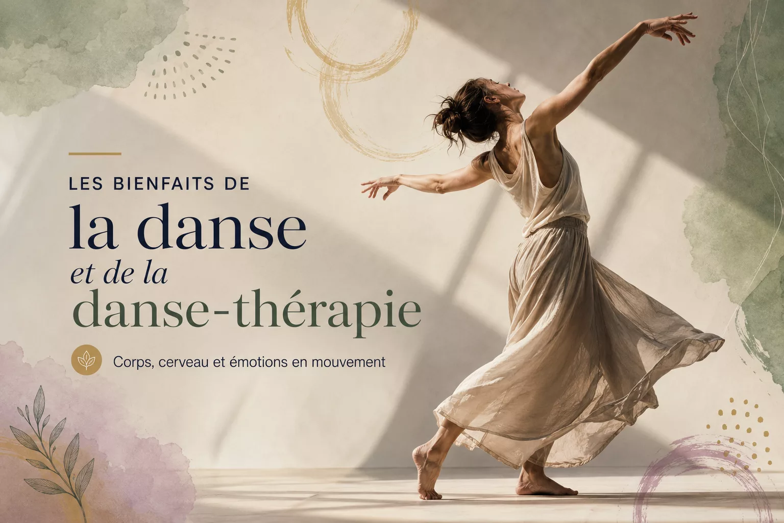 Illustration d'une danseuse en mouvement évoquant les bienfaits de la danse et de la danse-thérapie sur le corps, le cerveau et les émotions.